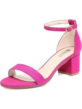 Women's Hot Pink Suede Low Cookielo Block Chunky Ankle Strap Heeled Sandals